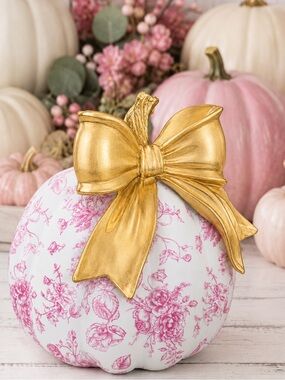 Hand Crafted Pink Toile Pumpkin with Large Gold Leaf Bow 9”